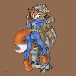 anthro armor big_breasts breasts bulge butt clothed clothing duo fully_clothed fur gynomorph hair intersex looking_at_viewer machine power_armor side_boob simple_background skin_tight_suit vault_suit masamaki fallout microsoft dr_foxy_freeman canid canine mammal 1:1 2015 crossover hi_res