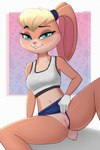 anthro athletic athletic_anthro athletic_female bite biting_lip blonde_hair blue_eyes blush blush_lines body_blush bottomwear bottomwear_aside bra breasts buckteeth cleavage clitoris clothed clothing clothing_aside ears_tied_back female genitals gloves green_eyes hair handwear looking_at_viewer narrowed_eyes navel no_underwear pink_nose presenting presenting_pussy pussy pussy_blush seductive shorts shorts_aside simple_background sitting smile solo sports_bra spread_legs spreading teeth underwear kobradraws looney_tunes warner_brothers lola_bunny lagomorph leporid mammal rabbit digital_media_(artwork) hi_res signature