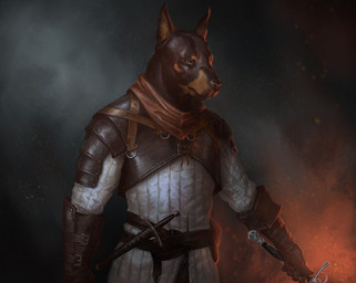anthro armor black_nose brown_body brown_clothing brown_eyes brown_fur brown_gloves brown_handwear brown_scarf closed_frown clothed clothed_anthro clothed_male clothing embers frown fur gauntlets gloves grey_clothing grey_shirt grey_topwear grey_tunic handwear holding_melee_weapon holding_object holding_sword holding_weapon left-handed light male male_anthro melee_weapon mouth_closed multicolored_body multicolored_fur outside pauldron scarf sheathed_weapon shirt smoke solo standing sword sword_hilt topwear tunic two_tone_body two_tone_fur weapon michele_marchionne historia_(game) canid canine canis dobermann domestic_dog mammal pinscher 2020 colored digital_media_(artwork) digital_painting_(artwork) english_description half-length_portrait hi_res lighting painting_(artwork) portrait shaded