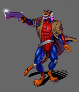 anthro bared_teeth belt black_stripes claws clothing coat cyberpunk eyewear eyewear_on_head fur glowing glowing_clothing grey_background gun handgun holding_gun holding_object holding_ranged_weapon holding_weapon knee_pads looking_forward male markings open_mouth orange_body orange_fur ranged_weapon revolver shadow simple_background skinsuit solo spandex spandex_suit standing striped_markings striped_tail stripes sunglasses sunglasses_on_head tail tail_markings tight_clothing topwear weapon white_body white_fur yellow_eyes izenkrein felid mammal pantherine tiger hi_res