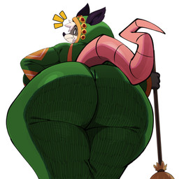 anthro big_breasts big_butt breasts broom brown_body brown_fur butt cleaning_tool clothed clothed_anthro clothed_female clothing curvy_figure female freckled_face freckles fully_clothed fully_clothed_anthro fully_clothed_female fur green_clothing green_robe hair hairless_tail hood hooded_robe huge_breasts huge_butt huge_thighs looking_at_viewer looking_back looking_back_at_viewer low-angle_view robe smile solo tan_body tan_fur thick_thighs tight_clothing white_hair wide_hips sssonic2 atlyss sally_(atlyss) american_opossum chang_(atlyss) mammal marsupial absurd_res hi_res