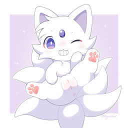 anus chibi female feral fur gem genitals grin grinning_at_viewer humanoid_genitalia humanoid_genitalia_on_feral humanoid_vulva humanoid_vulva_on_feral multi_tail one_eye_closed pawpads paws pink_pawpads plump_labia purple_inner_ear smile smiling_at_viewer solo sparkles tail teeth tuft vulva white_body white_ears white_fur wink zyuuniie makemon amber_(makemon) canid canine fox mammal 1:1 2026 absurd_res colored digital_drawing_(artwork) digital_media_(artwork) hi_res signature