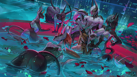 anthro balls biped breasts butt clothed clothed_anthro clothed_female clothing female front_view genitals group hair horn male nude nude_anthro nude_male outside rear_view smile standing swimming_pool tail teeth water okithau idam_(metaldragonmight) acrador canid canine canis jackal mammal 16:9 widescreen