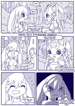 :d :o ^_^ angry anthro bite biting_lip biting_own_lip bodily_fluids border breasts building city cityscape detailed_background dialogue duo eyes_closed facial_markings female female_anthro forehead_markings hair head_markings huge_ears kemono looking_at_another machine markings nervous nervous_smile nervous_sweat open_mouth open_smile outside plant self_bite shrub smile solo speech_bubble standing sweat talking_to_another teeth text thought_bubble tree white_border cyyeun xen_(series) fio_(xen) izzy_(xen) lagomorph leporid mammal rabbit robot robot_anthro 2007 blue_and_white blue_monochrome comic dated english_text monochrome