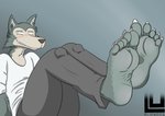 5_toes anthro blush claws clothing embarrassed feet feet_up foot_fetish fur grey_body grey_fur humanoid_feet male pajamas plantigrade simple_background soles solo tan_body tan_face tan_fur toe_claws toes lu123 beastars legoshi_(beastars) canid canine canis mammal wolf absurd_res hi_res