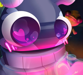 anthro big_eyes blue_body blush bottle container detailed_background female game_background gaming heart_eyes heart_symbol horn looking_at_bottle love love_potion machine open_mouth purple_eyes solo fatty-sashimi r.e.p.o. komi_(fatty-sashimi) hybrid robot whale_dragon 2025 digital_media_(artwork) shaded