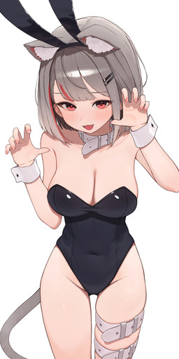 accessory animal_ears bare_legs belt big_breasts black_clothing blush breasts bunny_costume claw_pose cleavage clothed clothing colored_nails costume cuff_(restraint) fake_ears fake_rabbit_ears fangs female fluffy_ears glistening glistening_hair grey_hair hair hair_accessory heart_eyes heart_symbol highlights_(coloring) leotard looking_at_viewer nails navel_outline open_mouth pink_nails raised_arms red_eyes restraints short_hair smile solo strapless_clothing strapless_leotard tail teeth thigh_strap wrist_cuffs seuhu stellive vtuber neneko_mashiro animal_humanoid cat_humanoid felid felid_humanoid feline feline_humanoid humanoid mammal mammal_humanoid 1:2 absurd_res hi_res