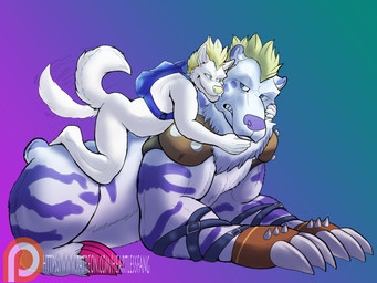 anthro backpack big_claws blonde_hair blue_background blue_eyes claws clothing duo feral gloves green_background green_eyes hair handwear lying male markings patreon_logo purple_background purple_body purple_nose short_hair simple_background smile spikes tail tail_motion tailwag text tuft yellow_nose heartlessfang bandai_namco digimon patreon canid canine canis digimon_(species) mammal weregarurumon wolf 4:3 absurd_res english_text hi_res url