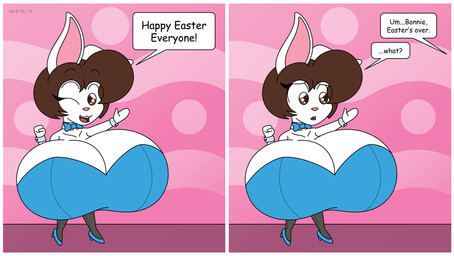 anthro big_breasts blue_clothing blue_footwear blue_high_heels border breasts brown_eyes brown_hair bunny_costume chibi clothed clothing copyright_symbol costume dialogue dialogue_box female footwear fur hair high_heels holiday_message holidays huge_breasts hyper hyper_breasts one_eye_closed plantigrade shoes solo speech_bubble symbol text white_body white_border white_fur wink satsumalord easter bonnie_(satsumalord) lagomorph leporid mammal rabbit 2014 comic_sans digital_media_(artwork) english_text hi_res