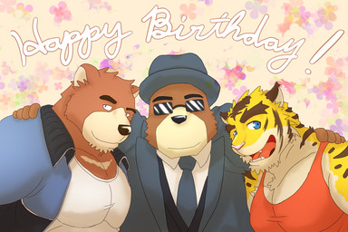 anthro casual_clothing clothing fancy_clothing floral_print group male male/male red_clothing red_shirt red_tank_top red_topwear shirt simple_background tank_top text topwear trio wo morenatsu juuichi_mikazuki kenji_mikazuki torahiko_ooshima bear felid mammal pantherine tiger 2026 3:2 english_text
