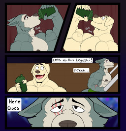 abs anthro areola barazoku beverage biceps big_muscles bottle bottomwear claws clothed clothing container deltoids dialogue drinking duo eyebrows fur holding_beverage holding_bottle holding_container holding_object huge_muscles inside male manly muscular muscular_anthro muscular_male narrowed_eyes nipples onomatopoeia open_mouth open_smile pecs protein_shake scar serratus simple_background smile sound_effects teeth text thick_arms tongue topless topless_anthro topless_male tuft arcwuff beastars jack_(beastars) legoshi_(beastars) bird_dog canid canine canis domestic_dog hunting_dog labrador mammal retriever wolf 2024 comic english_text hi_res multiple_scenes