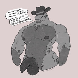 5_fingers anthro balls closed_smile clothing cowboy_hat darkened_balls darkened_genitalia darkened_penis degradation dialogue dirty_talk fingers flaccid foreskin genitals grey_background grin hat hat_over_eyes headgear headwear hidden_eyes homophobic_slur humanoid_genitalia humanoid_hands humanoid_penis long_foreskin male manly mostly_nude mouth_closed muscular muscular_anthro muscular_male navel nipples non-mammal_balls penis sharp_teeth simple_background slightly_chubby slur smile solo speech_bubble tail teeth text twitter_handle unretracted_foreskin verbal_degradation impossizzle cole_(impossizzle) lizard reptile scalie 1:1 2023 artist_name dated english_text half-length_portrait hi_res monochrome portrait