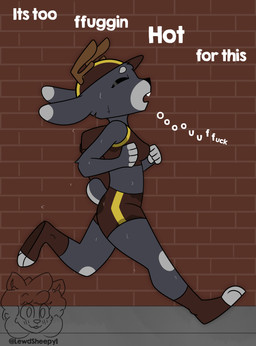 anthro antlers backpack bodily_fluids bottomwear clothed clothing crop_top fur grey_body grey_fur hat headgear headwear horn outside profanity public running shirt shorts solo sweat sweaty_clothing tail text topwear lupopossum oliver_(lupopossum) jackalope lagomorph mammal absurd_res english_text hi_res trans_(lore) trans_man_(lore)