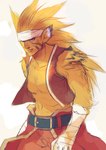 accessory animal_ears armband belt blonde_hair blue_eyes clothed clothing fur hair headband long_hair male open_clothing open_shirt open_topwear shirt sleeveless_shirt smile solo topwear yellow_body yellow_fur unknown_artist breath_of_fire capcom rei_(breath_of_fire) animal_humanoid felid felid_humanoid feline feline_humanoid humanoid mammal mammal_humanoid hi_res