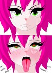 ahegao anthro bodily_fluids crying eye_roll female green_eyes hair heart_eyes heart_symbol looking_pleasured pink_hair saliva solo tears text tongue tongue_out kenshinho_arts lagomorph leporid mammal rabbit absurd_res hi_res