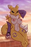 anthro big_breasts blue_eyes breasts clothing convenient_censorship female fur hand_behind_head looking_at_viewer nipples nude outside sitting solo thick_thighs tuft white_body white_fur wide_hips yellow_body yellow_fur rawslaw5 bandai_namco digimon canid canine digimon_(species) mammal renamon 2020