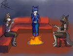 anthro beverage blue_body blue_fur brown_hair candy chocolate clothed clothing container cup dessert female fire food fur green_eyes grey_body group hair holding_object hot_chocolate sitting smile dekaisen bloodline bloodline_(webcomic) ember_(bloodline) sil_(bloodline) vivian_(bloodline) canid canine canis fox hyena mammal striped_hyena wolf 2020 hi_res