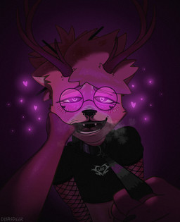 anthro antlers armwear biped blush brown_body claws clothed clothing collar crop_top duo eyewear femboy finger_in_mouth fishnet_armwear fishnet_clothing front_view fur glasses hair heart_eyes heart_symbol hooves horn leash leash_pull lk17 long_hair looking_at_viewer male male/male narrowed_eyes open_mouth partially_clothed piercing ring_piercing shirt simple_background smile solo submissive tongue topwear unguligrade disasdeer canid canine deer fox hybrid mammal absurd_res hi_res