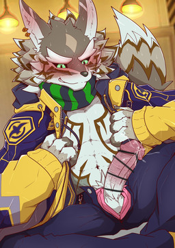 abs black_sclera blush bodily_fluids bottomwear brown_body brown_fur censor_bar clothed clothing countershading ear_piercing ear_ring embarrassed fur genital_fluids genitals green_eyes hoodie ineffective_censorship lights male multicolored_body multicolored_fur open_bottomwear open_clothing open_pants pants penis piercing precum ring_piercing scarf solo tan_body tan_fur topwear two_tone_body two_tone_fur underwear 0508madaramoyou lifewonders tokyo_afterschool_summoners seth_(tas) canid canine canis jackal mammal censored hi_res