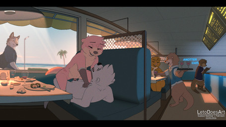 animal_genitalia anthro anthro_on_anthro anthro_penetrated anthro_penetrating anthro_penetrating_anthro biped black_sheath_slit bottomless clothed clothed_anthro clothed_female clothed_male clothing countershade_torso countershading feet female female_penetrated fingers food fur genitals gloves_(marking) group humor inside leg_markings lying male male/female male_penetrating male_penetrating_female markings nude nude_anthro nude_female nude_male on_back otter_tail penetration penile penile_penetration penis penis_in_vagina public pun restaurant sex sheath sheath_slit smile socks_(marking) standing sushi tail teeth toes vaginal vaginal_penetration vulva letodoesart pebble_(letodoesart) skye_(skyeott) timber_(letodoesart) canid canine mammal mustelid otter 2026 digital_drawing_(artwork) digital_media_(artwork) hi_res