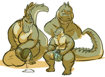 anthro balls big_balls big_bulge big_penis big_tail bodily_fluids bulge clothing erection genital_fluids genitals glans holding_object huge_balls huge_penis leaking_precum long_tail looking_at_viewer male masturbation moobs nipples penis precum sitting smile solo tail thick_thighs underwear joebluefox alligator alligatorid crocodilian reptile scalie