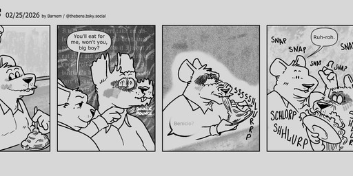 anthro clothing dialogue duo eating food male overweight overweight_male shirt sitting text topwear barnem mammal murid murine rat rodent 2026 comic english_text hi_res monochrome