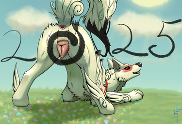 all_fours anatomically_correct anatomically_correct_genitalia anatomically_correct_vulva animal_genitalia animal_vulva black_body black_eyes black_fur black_nose blush bodily_fluids brush butt canine_genitalia canine_vulva cloud female feral flower fur genital_fluids genitals grass grass_field magic markings nipples open_mouth plant raised_tail red_markings smile solo sun tail tail_anus text vaginal_fluids vulva white_body white_fur yellow_eyes hikleloveshiking capcom okami_(capcom) amaterasu_(okami) canid canine canis deity mammal wolf 2025 digital_drawing_(artwork) digital_media_(artwork) hi_res