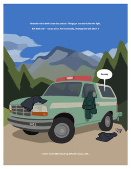 ambiguous_gender black_clothing black_shirt black_t-shirt black_topwear border bottomwear clothes_on_ground clothing dialogue forest_background green_bottomwear green_clothing green_pants panties pants shirt speech_bubble sport_utility_vehicle t-shirt text topwear truck underwear vehicle white_border zero_pictured oystr english_text hi_res