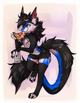 anthro bottomwear clothing ear_piercing eating eating_food fishnet_clothing fluffy food legwear male multiple_piercings piercing pizza shorts solo stockings lonerdemiurge monster_energy novabeast absurd_res hi_res