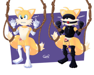 anthro aroused bdsm biped blue_eyes blush bodily_fluids bondage bondage_gear bound circumcised clothing collar confusion covered_eyes cuff_(restraint) cum cumshot ejaculation erection footwear gag genital_fluids genitals gesture gloves handwear humanoid_genitalia humanoid_penis looking_pleasured male motion_lines onomatopoeia open_mouth penile penis pink_eyes remote_controlled_vibrator restraints rope saliva sex_toy shackles simple_background slave solo sound_effects standing sweat sweatdrop tail tail_bondage tail_grab tail_tied text vibrator vibrator_on_penis goms sega sonic_the_hedgehog_(series) miles_prower canid canine fox mammal digital_media_(artwork) full-length_portrait hi_res portrait