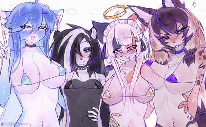 anthro bedroom_eyes big_breasts bikini bikini_top black_body black_eyelids black_fur black_hair blonde_hair blue_body blue_eyes blue_fur blush bodily_fluids breast_squish breasts brown_hair calico_pattern choker clothed clothing collar eyebrow_piercing eyewear facial_piercing female fluffy fur gesture glasses green_eyes group hair hair_over_eye hand_gesture jewelry long_hair looking_at_viewer medium_breasts mostly_nude multicolored_body multicolored_hair narrowed_eyes navel necklace nipple_slip orange_body orange_fur piercing pink_eyes purple_eyes seductive skimpy slim small_bikini small_breasts smile spiked_collar spikes squish sweat swimwear tsundere two-piece_swimsuit two_tone_body two_tone_hair v_sign wearing_glasses white_body white_fur yabeweny kiki_(laladeei) michelle_(yabeweny) calico_cat domestic_cat felid feline felis lynx mammal mephitid skunk 2026 digital_media_(artwork)