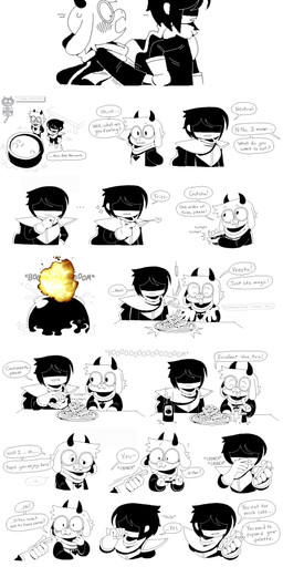ambiguous_gender ambiguous_human anthro armor blush cake cauldron chef_hat clothing dessert dialogue duo eating explosion eyewear feeding food fries glasses hand_holding hat headgear headwear horn humor ketchup male male_anthro scarf shadowed_face speech_bubble text honkadoi deltarune undertale_(series) kris_dreemurr ralsei bovid caprine goat human mammal 2025 absurd_res comic digital_media_(artwork) english_text hi_res long_image tall_image nonbinary_(lore)