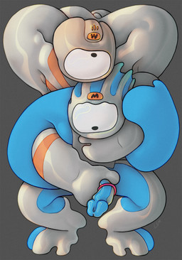 accessory armpit_showing cock_ring duo erection feet flexing foot_fetish foot_play footjob genitals grey_body grey_skin intertwined jewelry male mascot not_furry penis penis_accessory penis_jewelry sex simple_background sitting sitting_on_another sitting_on_shoulders unusual_anatomy unusual_genitalia unusual_penis ravuer olympics mandeville wenlock cyclops humanoid absurd_res hi_res