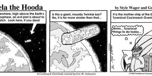 ambiguous_gender anthro clothed clothed_ambiguous clothing earth_(planet) paper robe solo space text style_wager dela_the_hooda cockroach_overlord arthropod blattodean cockroach insect 1998 comic english_text greyscale monochrome
