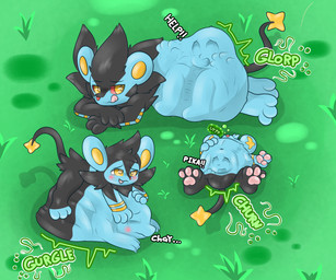 abdominal_bulge ambiguous_gender belly belly_on_ground big_belly black_body black_fur blue_body blue_fur blush body_outline burping churn exclamation_point face_imprint feral feral_pred fur glorp group gurgle_(sound_effect) hand_on_belly huge_belly imprint licking licking_lips lying navel on_back on_front on_side open_mouth outside pawpads paws quadruped resting_on_belly rumbling_stomach smile soft_vore tail text tongue tongue_out trio unwilling_prey vore finniponx nintendo pokemon charmeleon generation_1_pokemon generation_4_pokemon luxio luxray pikachu pokemon_(species) shinx 2026 english_text hi_res