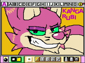 anthro art_program_in_frame fur green_sclera grin grinding looking_at_viewer male pecs pink_body pink_fur screencap simple_background smile teeth text whiskers yellow_background rodricoro mario_paint rubi kangaroo macropod mammal marsupial bust_portrait digital_media_(artwork) dithering mario_paint_(artwork) portrait