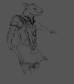 5_fingers anthro armband clothed clothing fingers gesture grey_background hand_gesture horn knife male pointing scales shirt simple_background solo teeth topwear tunic shamelesschity bward kobold scalie monochrome portrait three-quarter_portrait