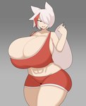 abs big_breasts breasts bulging_breasts cleavage clothed clothing female grey_background hair hair_over_eye huge_breasts looking_at_viewer navel one_eye_obstructed raised_tail red_eyes short_hair simple_background solo tail thick_thighs white_hair white_tail wide_hips duskyer ash_(duskyer) animal_humanoid canid canid_humanoid canine canine_humanoid fox_humanoid humanoid mammal mammal_humanoid absurd_res hi_res