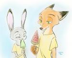 ambiguous_gender anthro clothed clothing dipstick_ears duo ear_markings eating eyes_closed food fur green_eyes grey_body grey_fur holding_food holding_object multicolored_ears orange_body orange_fur shirt simple_background smile t-shirt topwear marema_kishin disney zootopia judy_hopps nick_wilde canid canine fox lagomorph leporid mammal rabbit red_fox true_fox 2018 digital_media_(artwork) hi_res