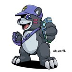 ambiguous_gender anthro baseball_cap belt black_body black_fur blue_eyes claws clothing digivice facial_markings fist fur hat head_markings headgear headwear markings simple_background solo white_background arczent bandai_namco digimon bear bearmon digimon_(species) mammal 1:1