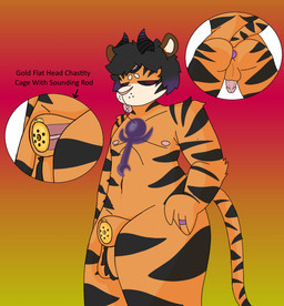 animal_genitalia anthro backsack balls big_butt black_sclera butt butt_focus buttplug chastity_cage chastity_cage_only chastity_device chastity_device_only detailed_fur facial_tattoo flat_chastity_cage fur gem genitals gold_(metal) gold_chastity_cage gold_chastity_device horn internal jewel_buttplug male nude nude_anthro penis perineum permanent_chastity_device plug_(sex_toy) red_eyes ring sex_toy sheath solo sounding_rod stripes tattoo text thick_thighs tongue tongue_out urethral wearing_chastity_cage wearing_chastity_device c4nd1-3 altyren_therein demon felid mammal pantherine tiger tiger_demon detailed english_text hi_res model_sheet