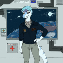 alternate_costume anthro black_clothing black_jacket black_topwear blue_body blue_hair bottomwear breasts clothed clothed_anthro clothed_female clothing earth female front_view grey_bottomwear grey_clothing grey_eyes grey_pants hair hand_on_hip highlights_(coloring) jacket looking_at_viewer markings medium_breasts multicolored_hair pants planet pose purple_hair smile solo space space_station spiked_tail spikes spikes_(anatomy) standing star striped_markings stripes tail tan_clothing tan_shirt tan_topwear text topwear two_tone_hair window lorikani goodbye_volcano_high ko_op_(game_developer) nick_(gvh) baryonyx dinosaur prehistoric_species reptile saurischian scalie spinosaurid theropod 1:1 absurd_res artist_name colored english_text hi_res shaded
