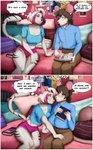 anthro bed bedroom clothing duo eyewear female furniture glasses male male/female nerd speech_bubble text white_body kbart felid feline mammal mouse murid murine rodent absurd_res comic hi_res
