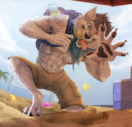 4_toes 5_fingers abs anthro athletic backpack ball barefoot beach biped black_claws black_hair black_lips black_nose blue_sky bodily_fluids bottomwear claws clothed clothing cloud detailed_background digitigrade fangs feet fingers front_view fur hair heterochromia kerchief kneeling lips looking_at_viewer male mouth_hold muscular muscular_anthro muscular_male neckerchief neckwear nipples on_one_knee outside pecs pink_nipples pink_tongue saliva sand seaside short_hair shorts sky solo tan_bottomwear tan_clothing tan_shorts teeth tennis_ball tennis_ball_in_mouth toe_claws toes tongue tongue_out topless whiskers white_body white_fur reoisready skyy canid canine canis domestic_dog husky mammal nordic_sled_dog spitz 2015 digital_media_(artwork) hi_res signature
