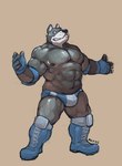 abs anthro barazoku biceps big_muscles biped black_nipples black_nose boots bulge clothed clothing elbow_pads fighting_pose fingerless_gloves footwear front_view fur gloves grey_background grey_body grey_eyes grey_fur handwear knee_boots knee_highs knee_pads laced_boots lacing legwear male musclegut muscular muscular_anthro muscular_male naughty_face navel nipples pecs pose shoes simple_background slightly_chubby solo standing thick_thighs topless underwear wrestler redic-nomad hound_(character) canid canine canis domestic_dog great_dane mammal mastiff molosser 2013