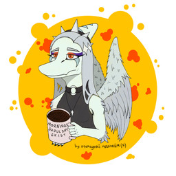 anthro beverage black_clothing black_topwear blue_body bone_frill breasts clothed clothed_anthro clothed_female clothing coffee coffee_mug container cup elbow_feathers feathered_wings feathers female fingers frill_(anatomy) front_view geometric_background grey_body grey_feathers grey_hair hair holding_container holding_cup holding_mug holding_object humanoid_hands long_hair markings medium_breasts mug neutral_expression non-mammal_breasts orange_eyes simple_background solo striped_markings stripes text tired topwear wings lorikani goodbye_volcano_high ko_op_(game_developer) fang_(gvh) prehistoric_species pterosaur reptile scalie bust_portrait colored english_text portrait russian_text shaded translated