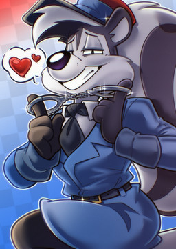 4_fingers accessory anthro belt black_body black_fur blue_clothing blue_uniform checkered checkered_background clothing cuff_(restraint) fingers fur glint handcuffs hat headgear headwear heart_symbol holding_handcuffs looking_at_viewer male metal_cuffs narrowed_eyes necktie pattern_background police police_officer police_uniform restraints simple_background smile smiling_at_viewer solo tail teeth uniform white_body white_fur jusrhkuhoh looney_tunes warner_brothers pepe_le_pew mammal mephitid skunk hi_res