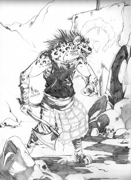 anthro axe banner bone claws clothed clothing detailed_background fur holding_object holding_weapon markings melee_weapon open_mouth outside skull solo spots spotted_body spotted_fur teeth toe_claws torn_clothing weapon mepol dungeons_and_dragons hasbro wizards_of_the_coast gnoll hyena mammal spotted_hyena greyscale monochrome