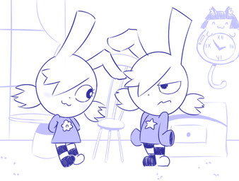 angry chair clock clone clothing duo female flower furniture hair hair_over_eye happy hoodie one_eye_obstructed plant star table topwear disfigure annie_(disfigure/rafielo) garcia domestic_cat felid feline felis lagomorph leporid mammal rabbit blue_and_white monochrome