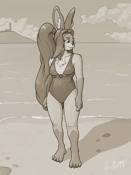 anthro beach clothing cloud female hair long_hair one-piece_swimsuit sea solo swimwear text water foxrept zefir_(foxrept) lagomorph mammal 3:4 absurd_res artist_name digital_drawing_(artwork) digital_media_(artwork) hi_res monochrome signature